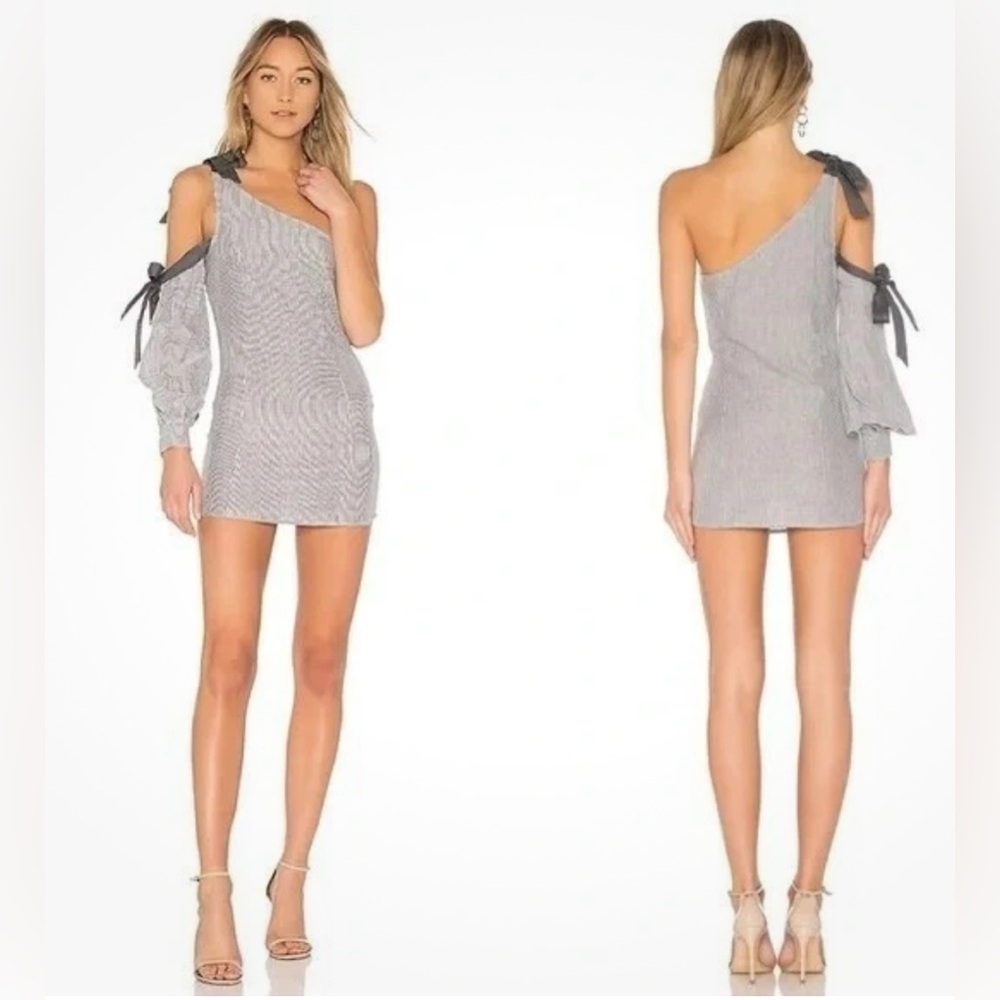 Revolve Lovers + Friends Grey Striped Ribbon Tie one Shoulder Mini Dress M NWT - Picture 4 of 11